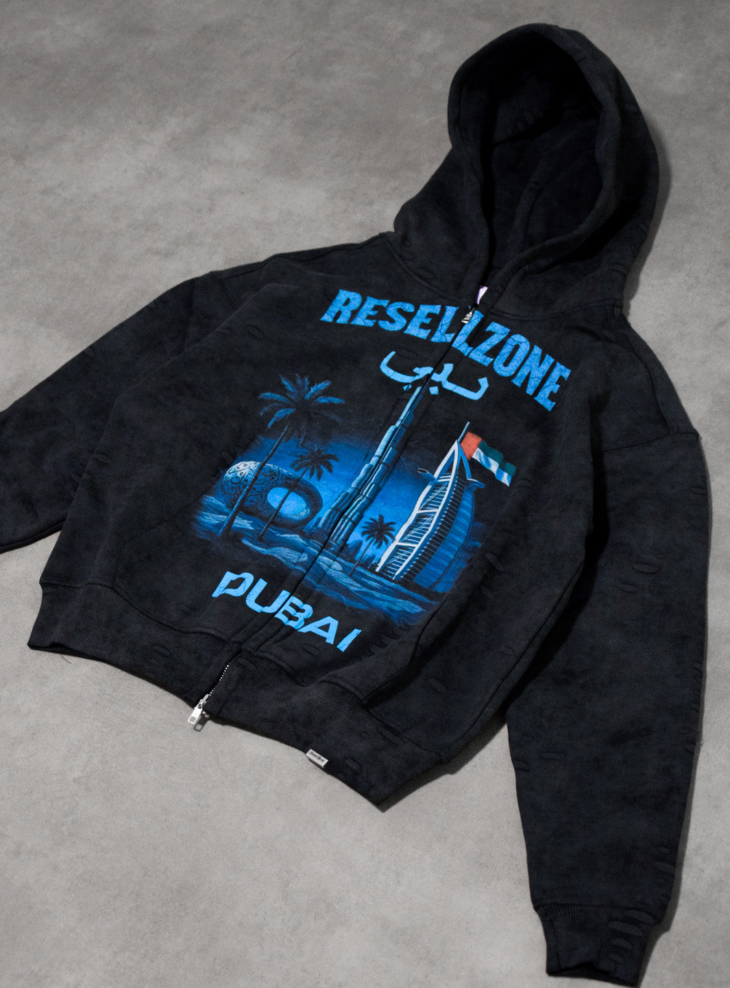 Dubai Zip Up Hooded Sweatshirt Washed Black | ResellZone