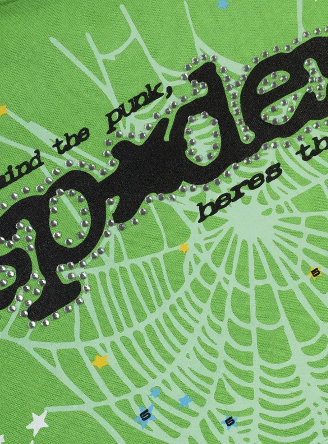 Sp5der Punk V2 Rhinestone Hoodie Bright Green | ResellZone