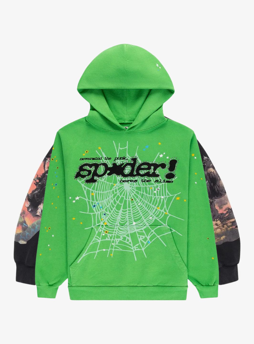 Sp5der Punk V2 Rhinestone Hoodie Bright Green | ResellZone