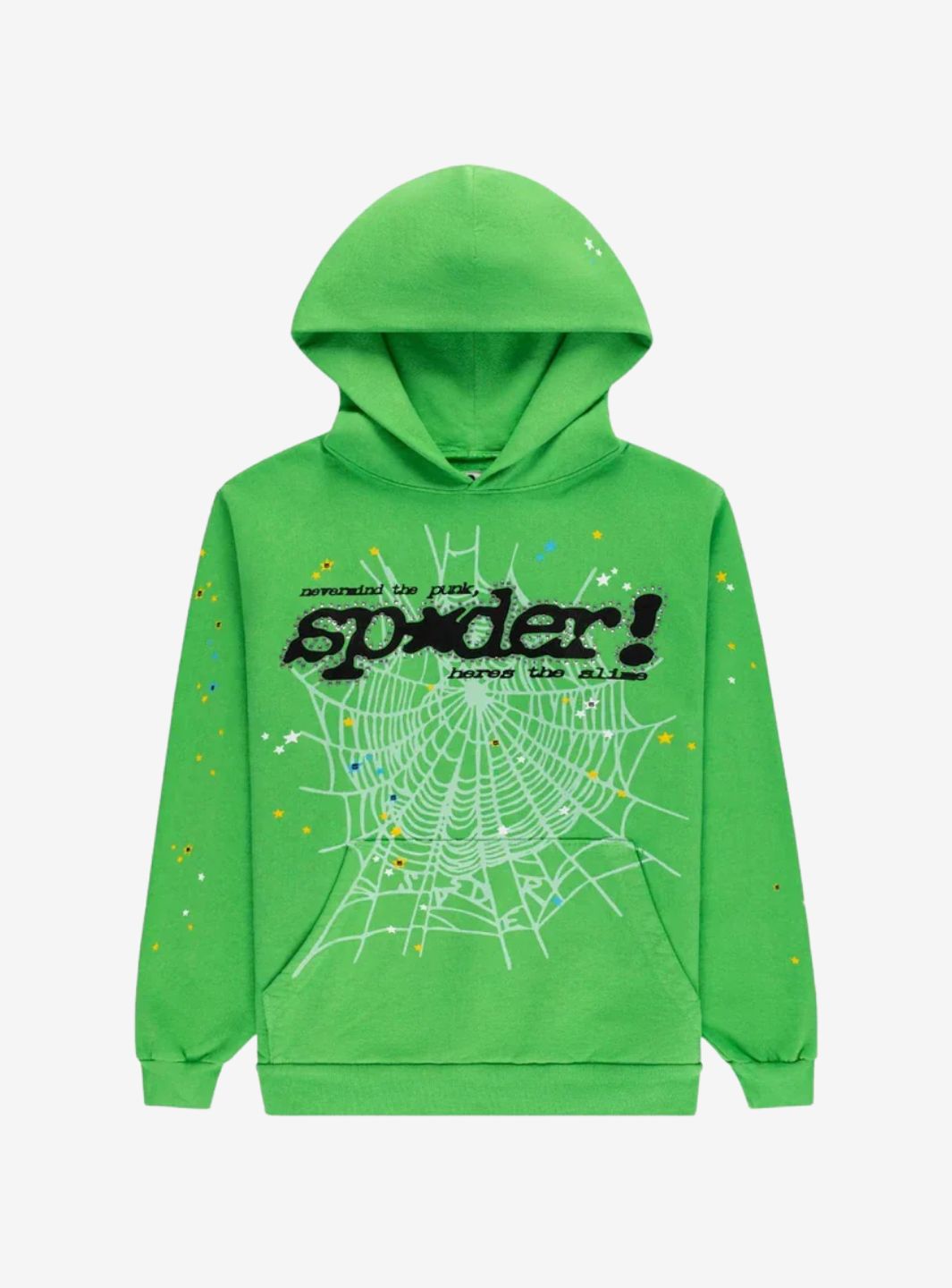 Sp5der Punk V2 Rhinestone Hoodie Bright Green | ResellZone