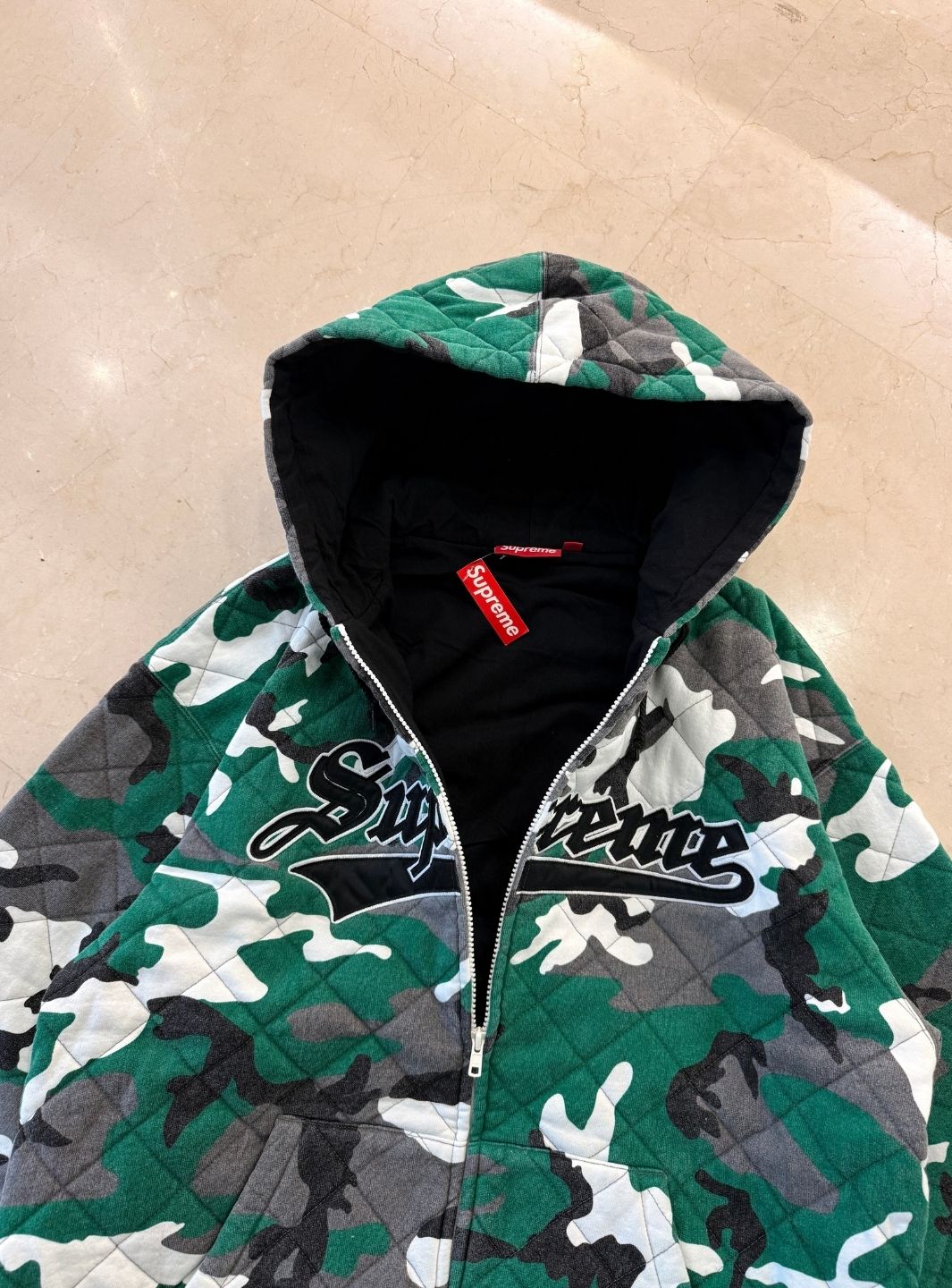 Supreme Quilted Zip Up Hooded Sweatshirt Green Camo | ResellZone