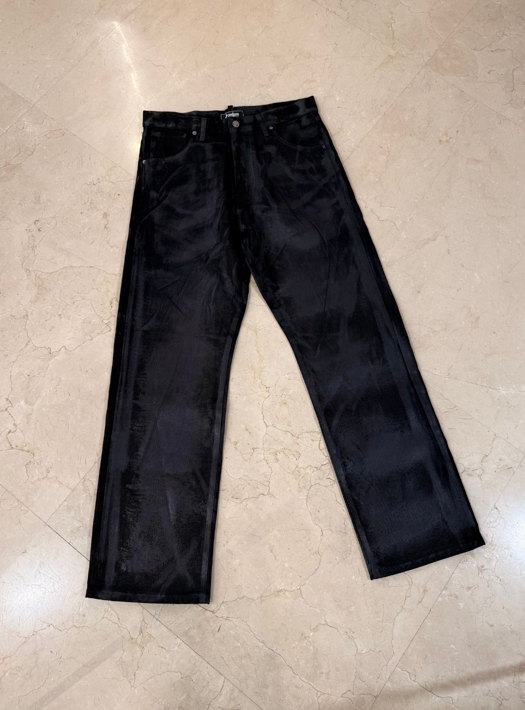 Trap Denim Print Waxed Baggy Jeans Black | ResellZone