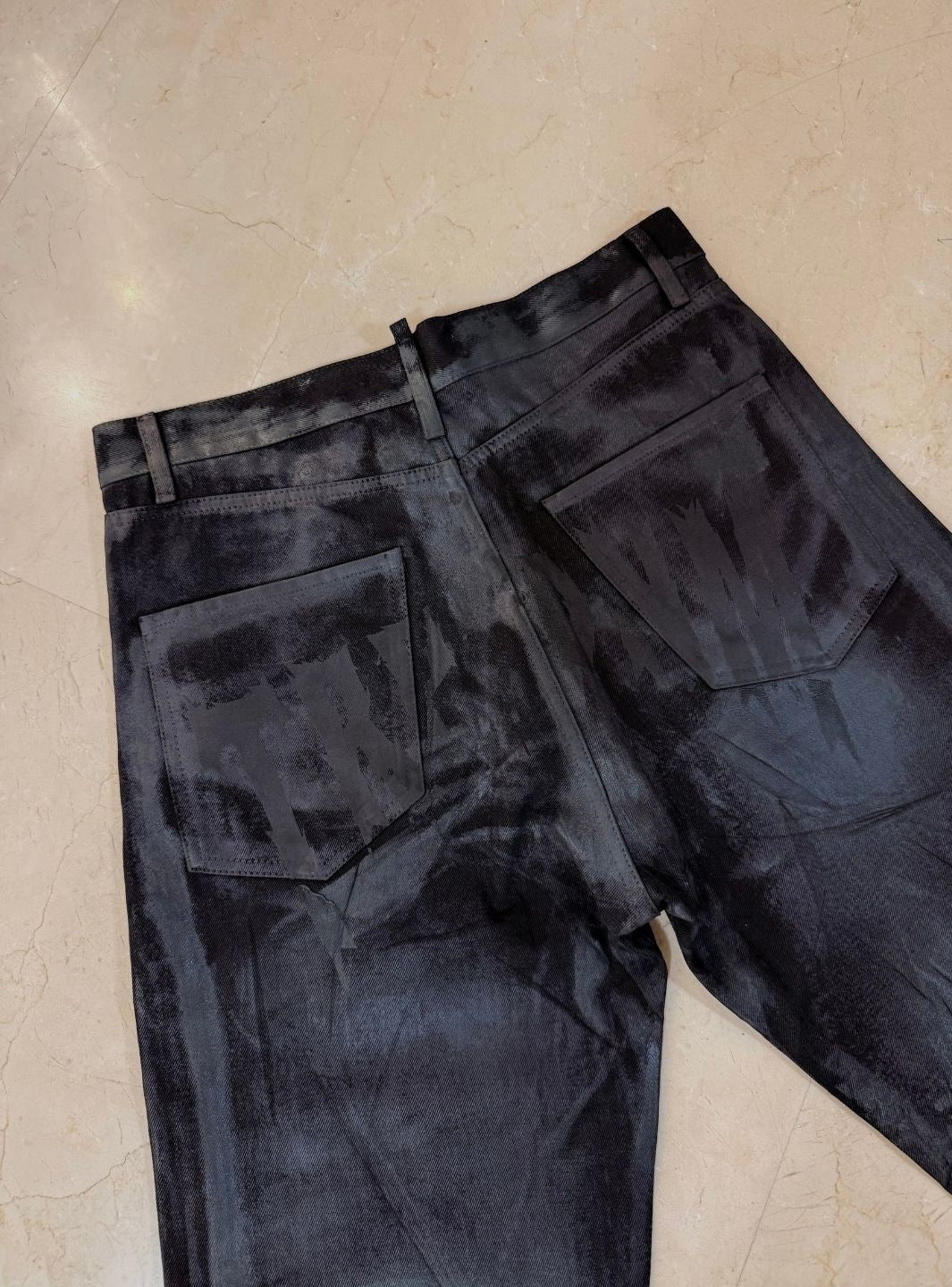 Trap Denim Print Waxed Baggy Jeans Black | ResellZone