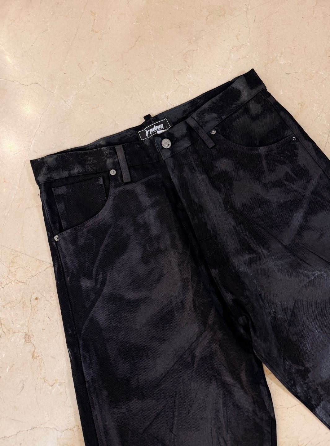 Trap Denim Print Waxed Baggy Jeans Black | ResellZone