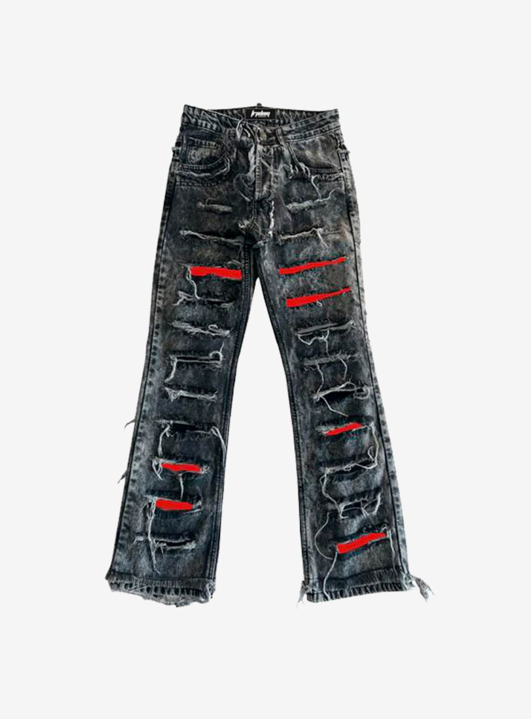 Trap Denim Red Print Ripped Flare Jeans | ResellZone
