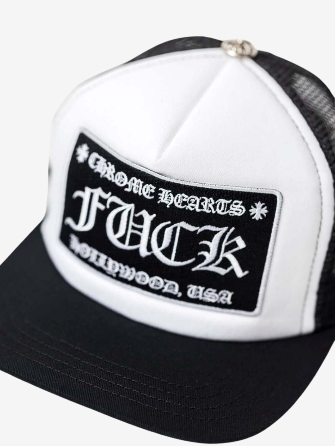 Chrome Hearts FUCK Hollywood Trucker Hat Black/White | ResellZone