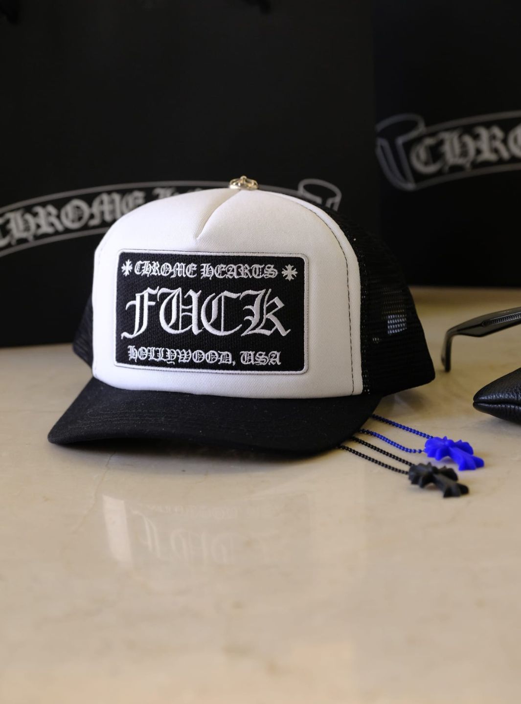 Chrome Hearts FUCK Hollywood Trucker Hat Black/White | ResellZone