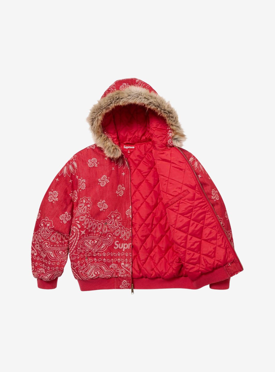 Supreme Bandana Jacquard Denim Hooded Work Jacket Red | ResellZone