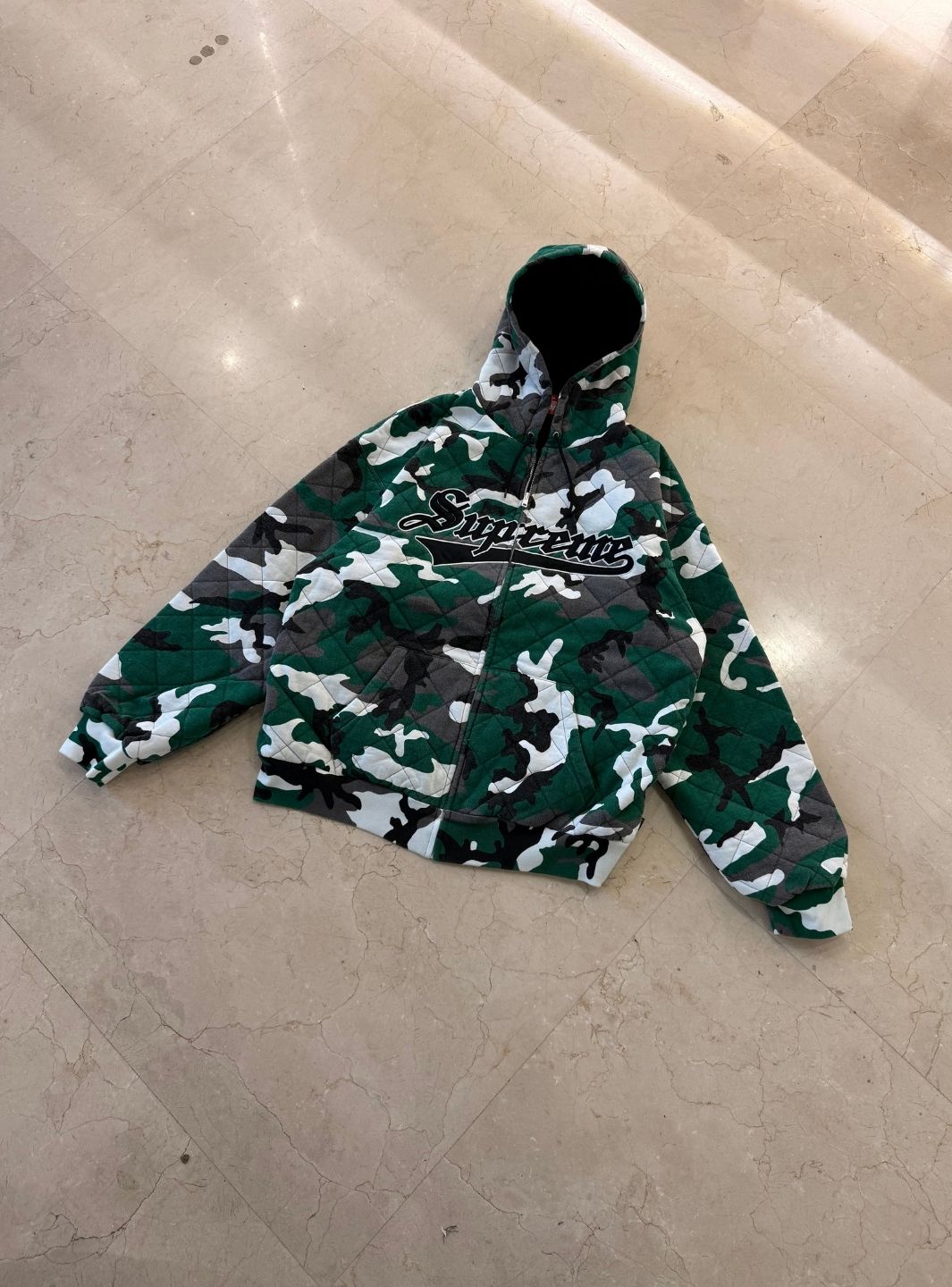 Supreme Quilted Zip Up Hooded Sweatshirt Green Camo | ResellZone