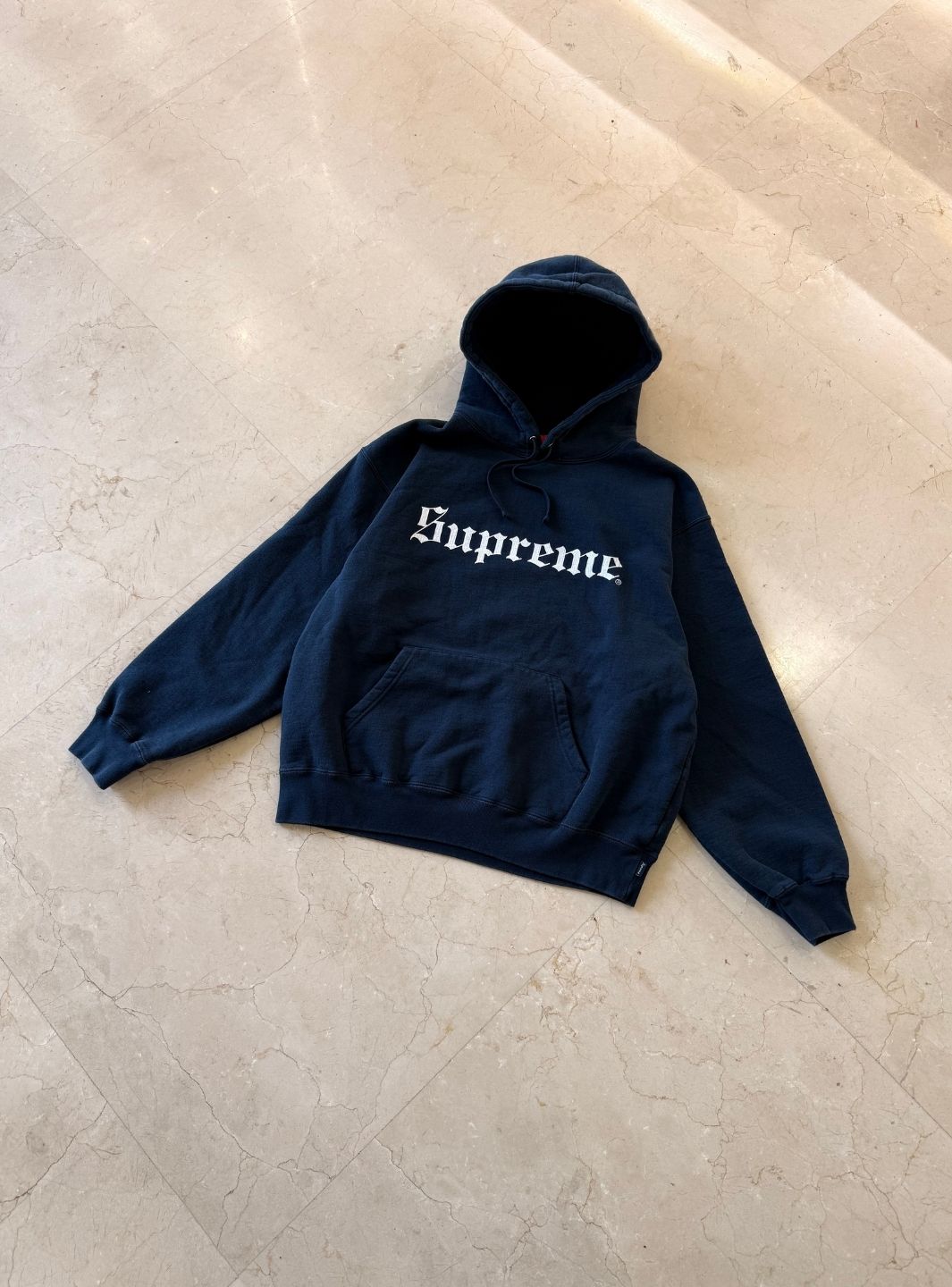 Supreme Washed Old English Hooded Sweatshirt Navy | ResellZone