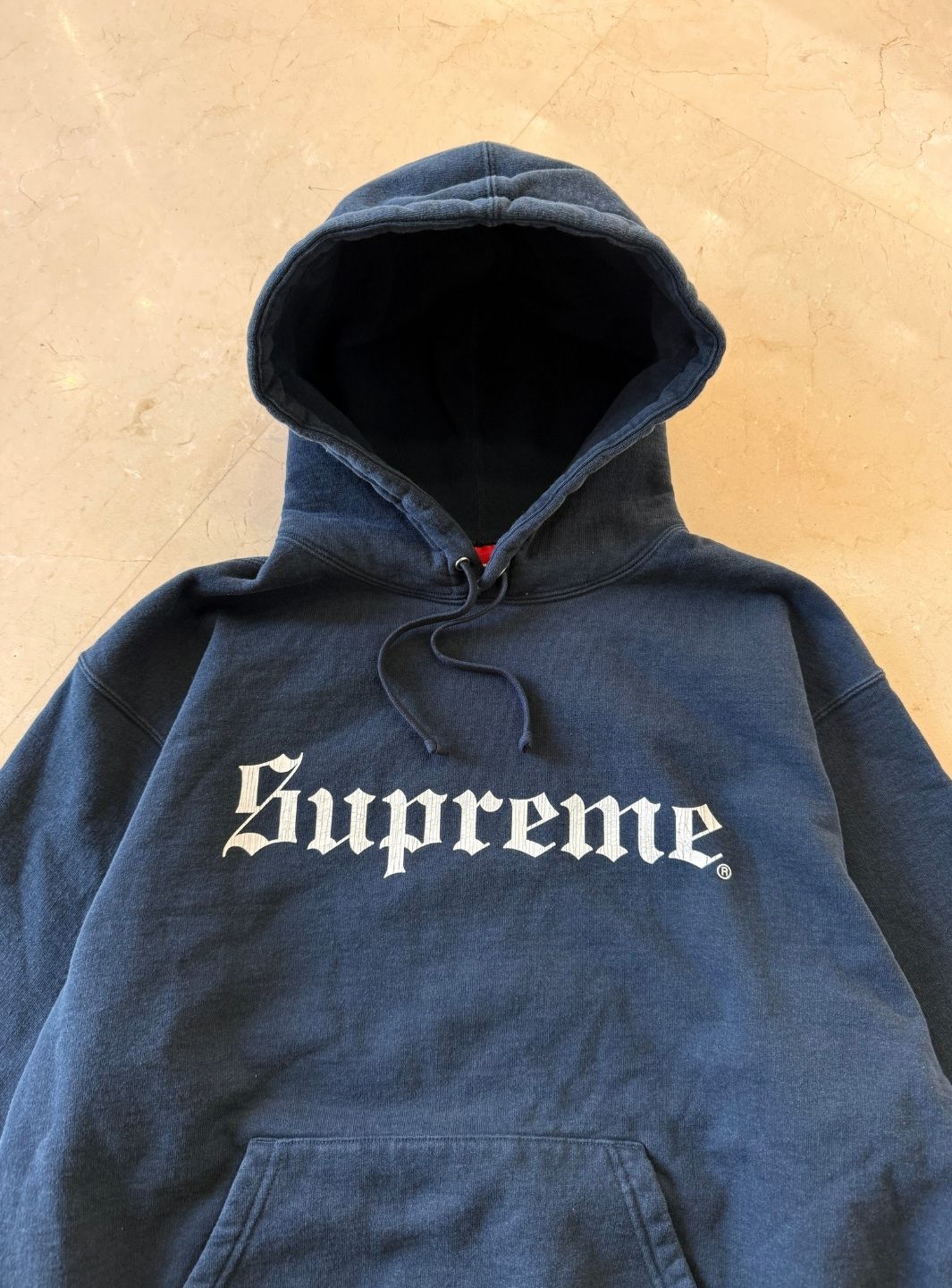 Supreme Washed Old English Hooded Sweatshirt Navy | ResellZone