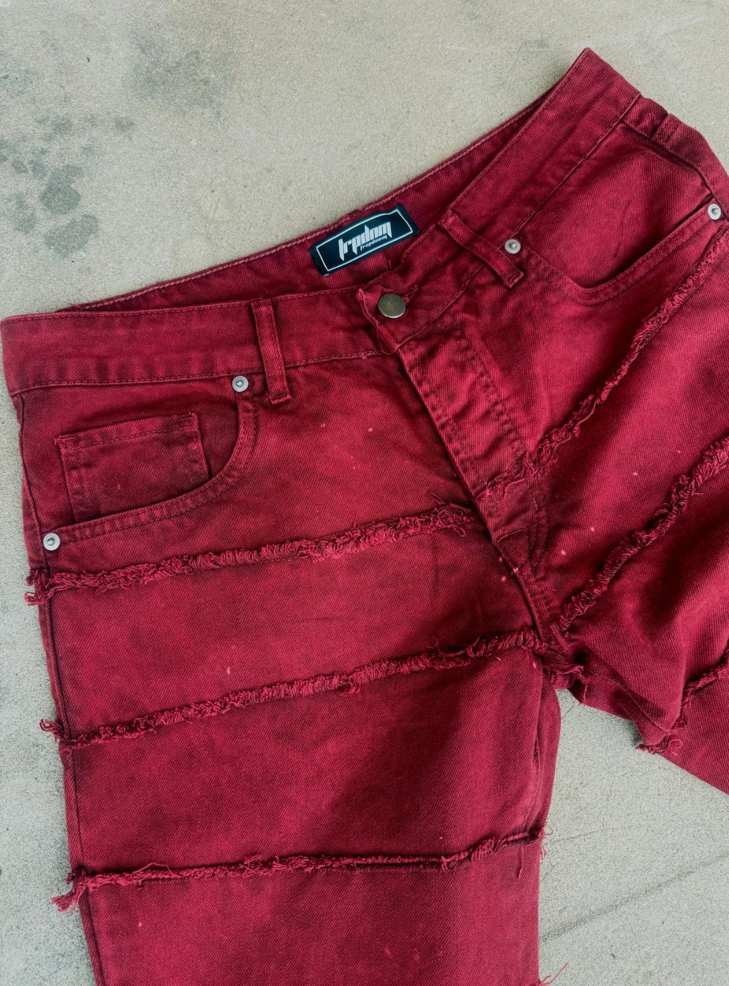 Trap Denim Painted Ripped Flare Jeans Red | ResellZone