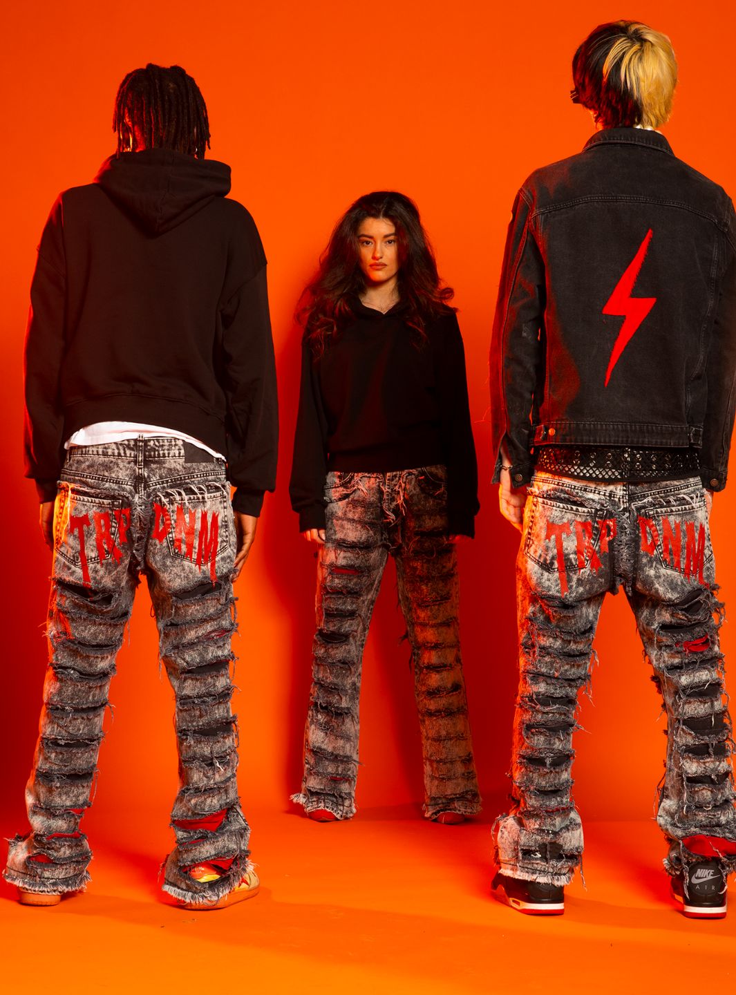 Trap Denim Red Print Ripped Flare Jeans | ResellZone