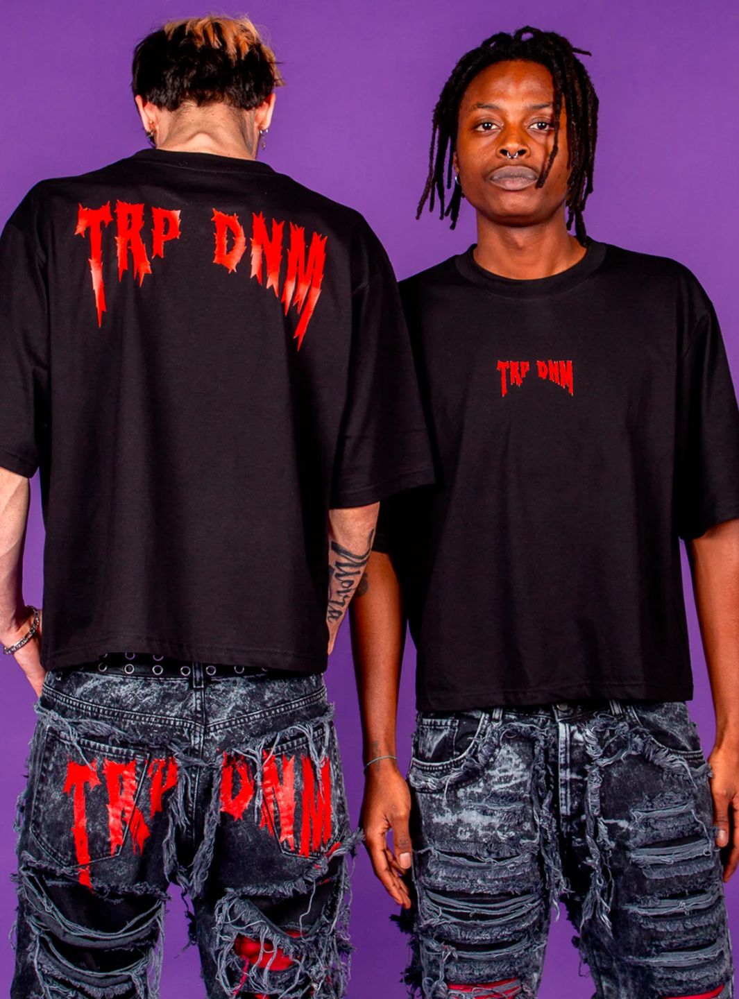 Trap Denim Red Punk Print Boxy Fit Cotton T-Shirt | ResellZone